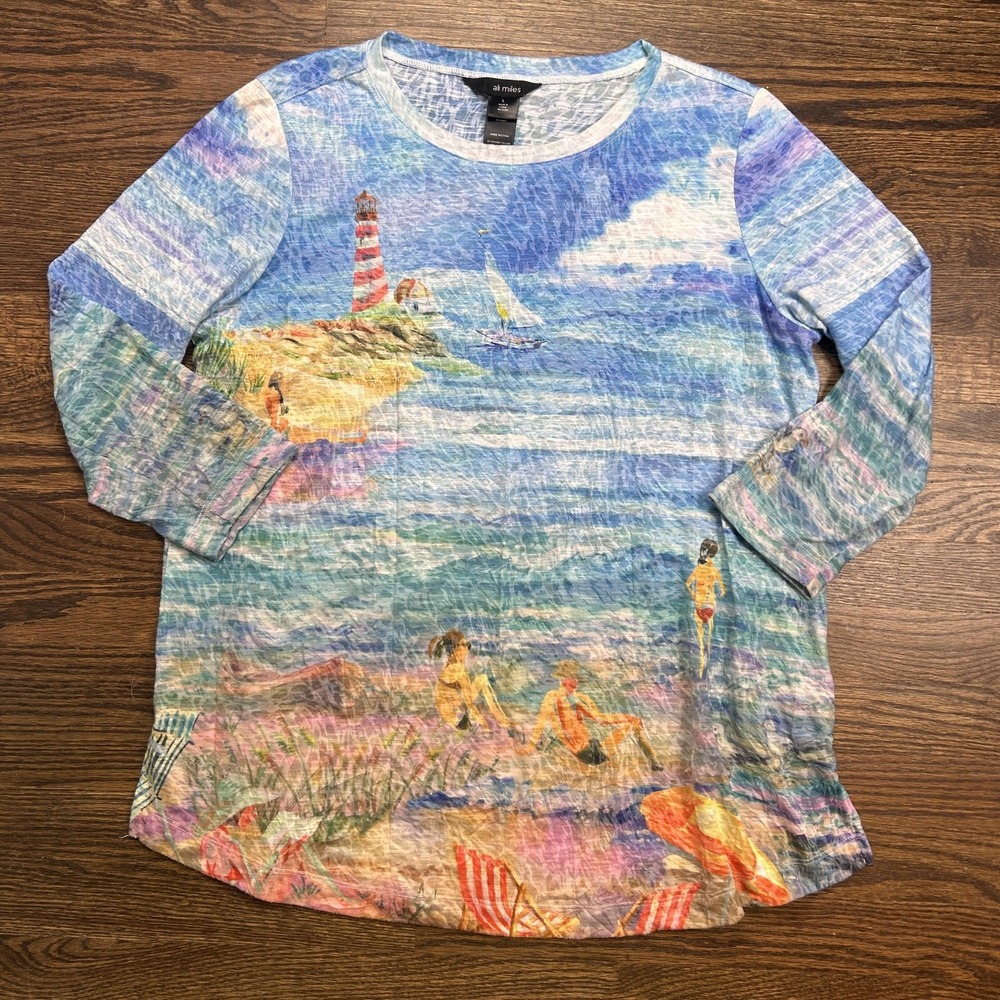 Ali Miles Tunic Top Womens Large Multicolor Beach Lighthouse 3/4 Sleeve Nautical